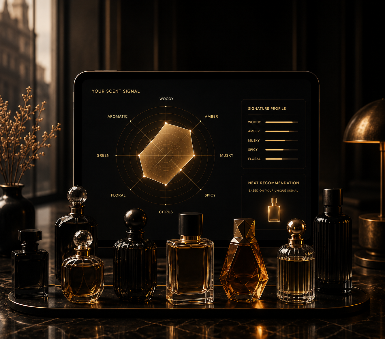 A golden perfume bottle surrounded by connected profile, weather, occasion and collection signals