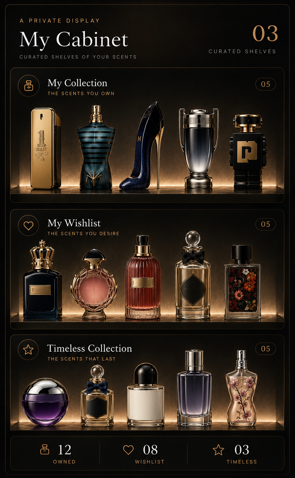 A private fragrance cabinet display with curated collection, wishlist and timeless shelves